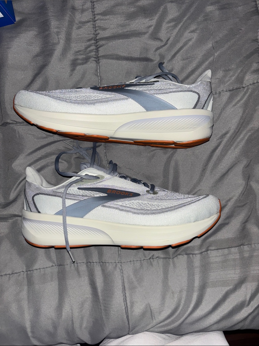 Brooks Men’s White and Light Blue Running Sneakers with Orange Outsole